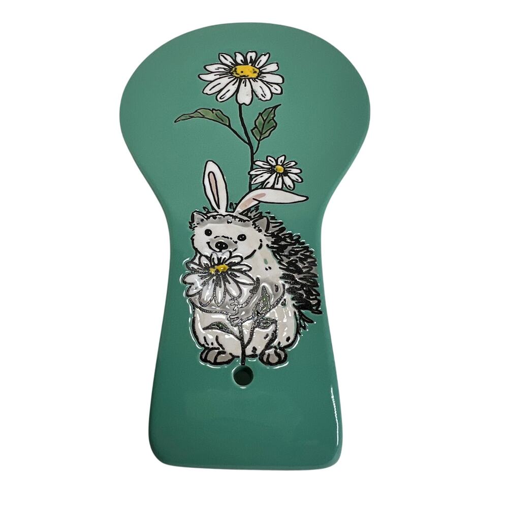 SPECTRUM DESIGNZ Ceramic Spoon Rest Bunny Daisy Farmhouse Kitchen Decor Green